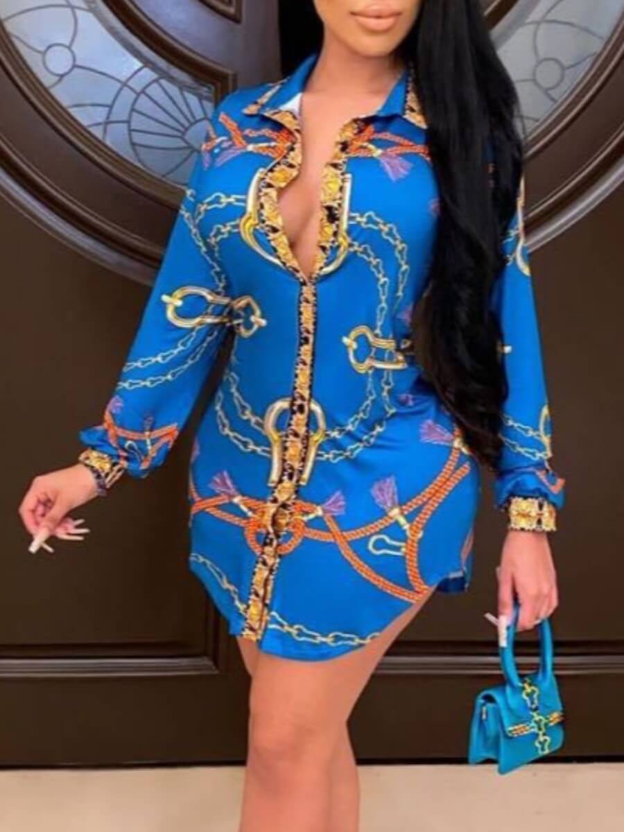 

Lovely Trendy Turndown Collar Print Blue Mini Shirt Dress