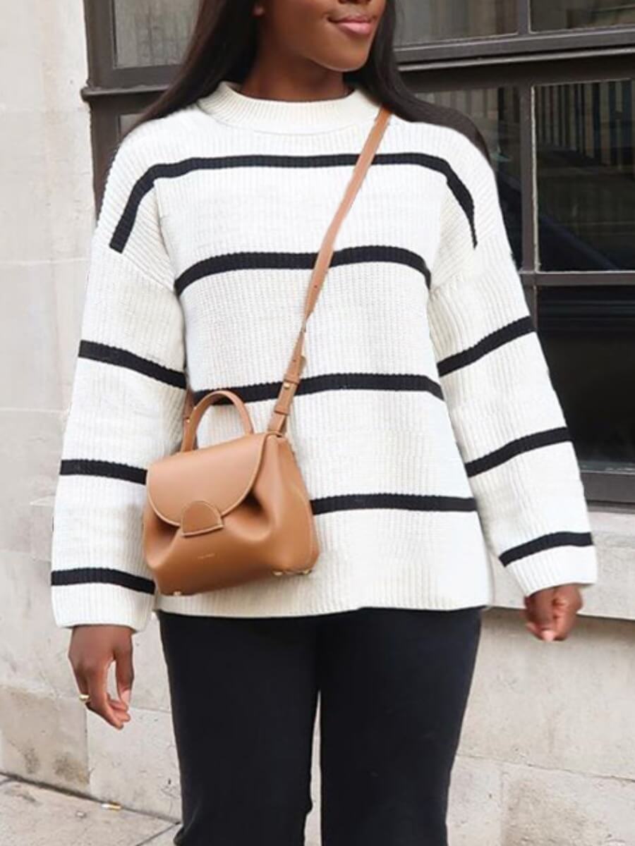 

Lovely Leisure O Neck Striped Loose Black Sweater