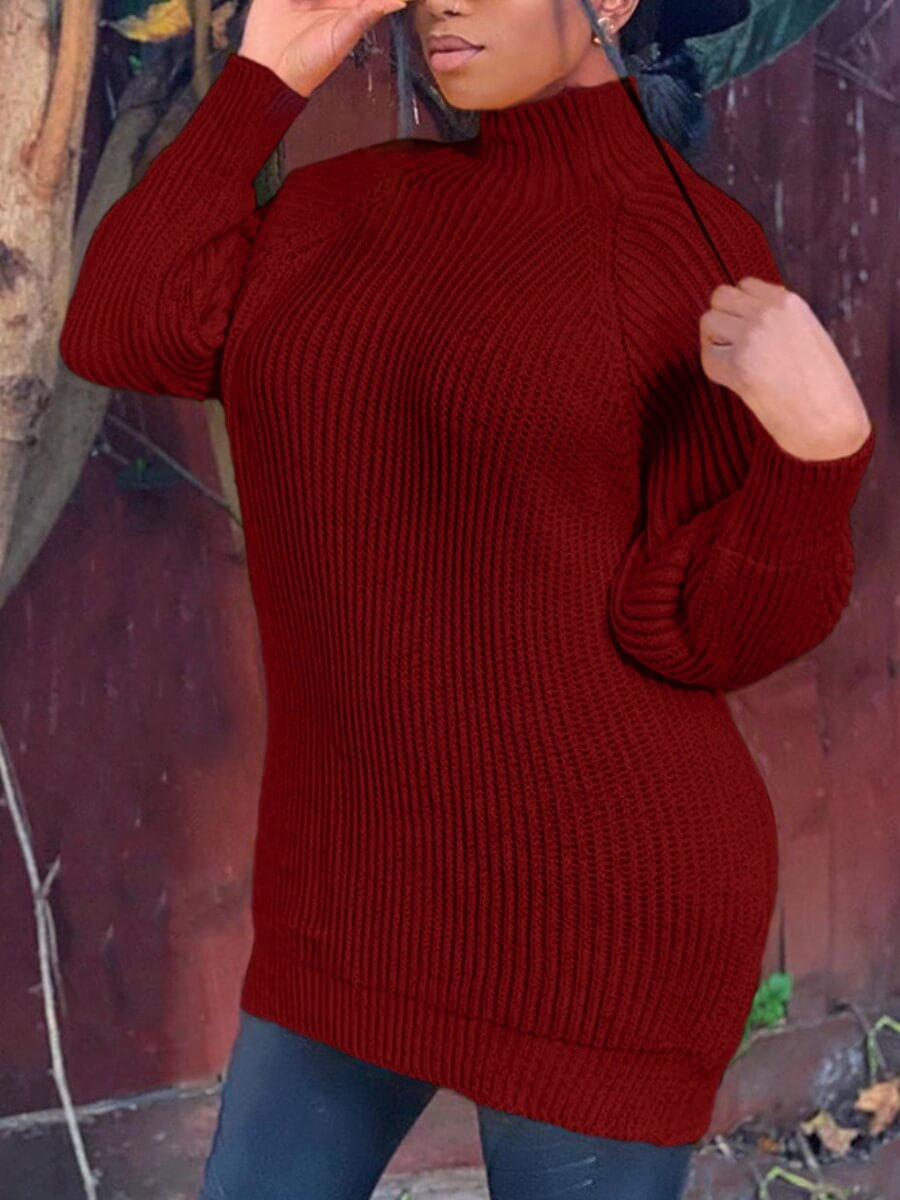 

Lovely Casual Turtleneck Striped Loose Wine Red Sweater