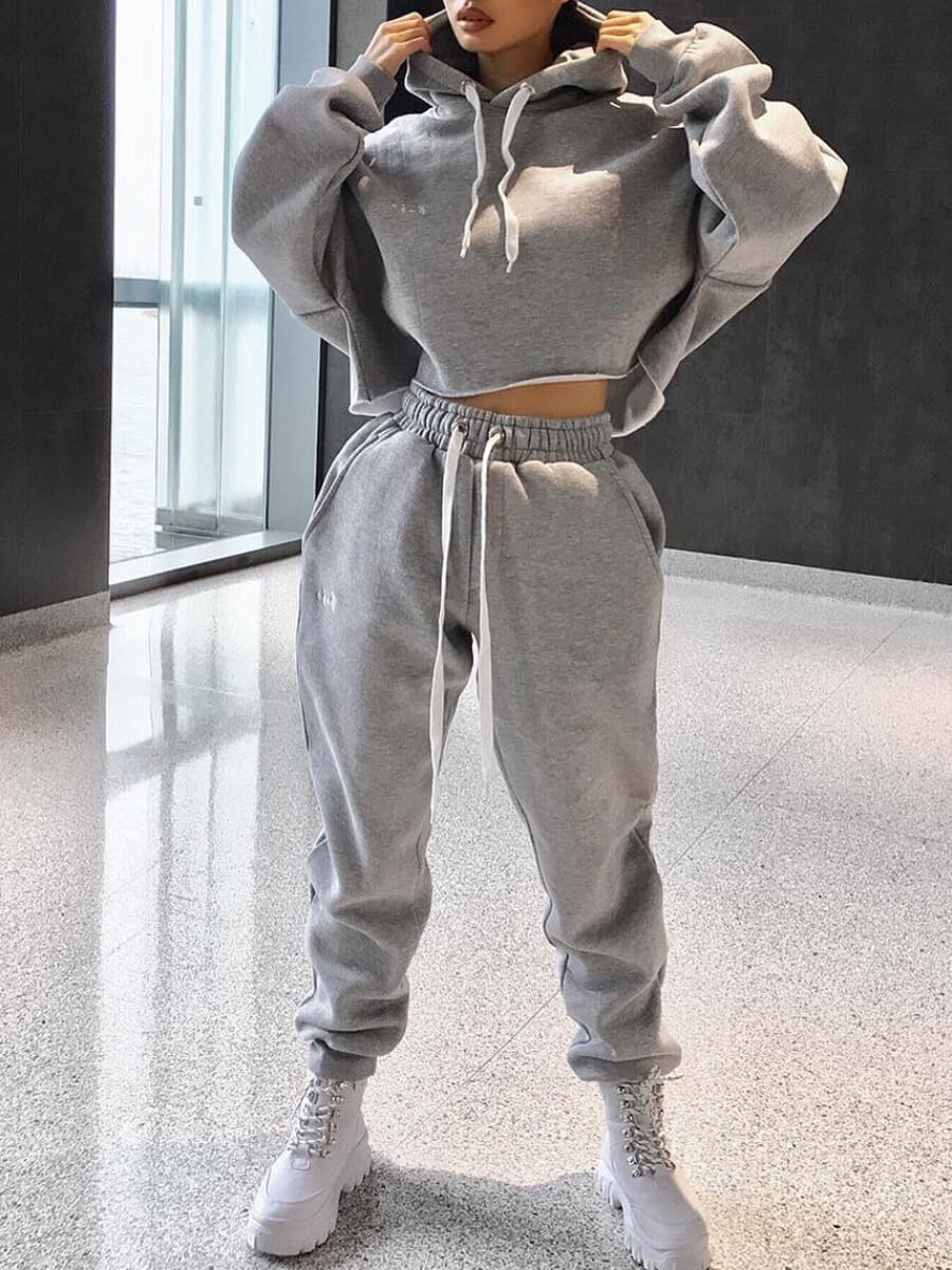 

Lovely Sportswear Hooded Collar Lace-up Grey Two Piece Pants Set