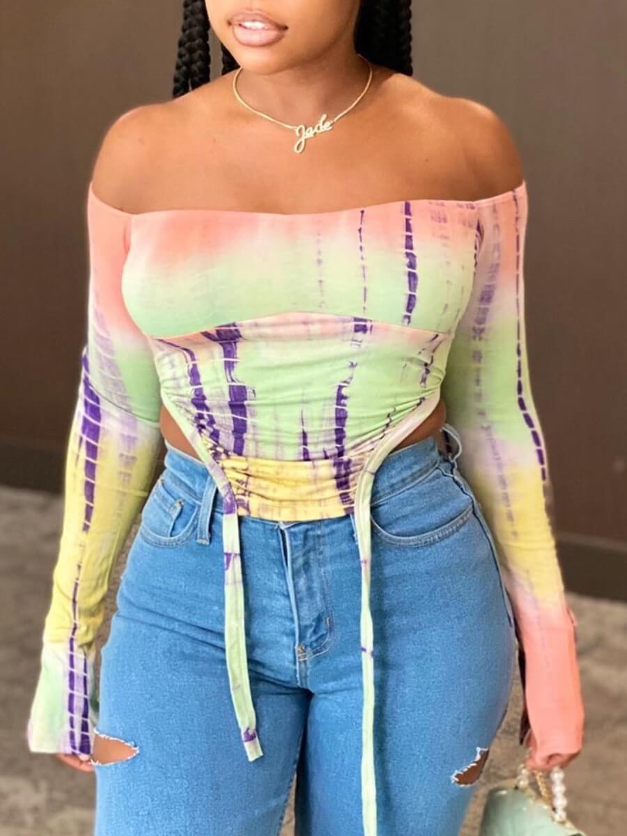 

Lovely Sexy Dew Shoulder Tie-dye Pink T-shirt