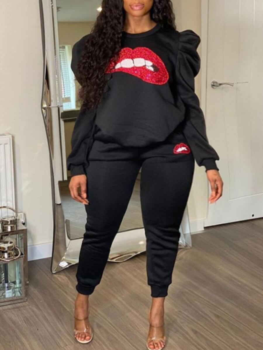 

Lovely Leisure O Neck Lip Print Black Plus Size Two-piece Pants Set