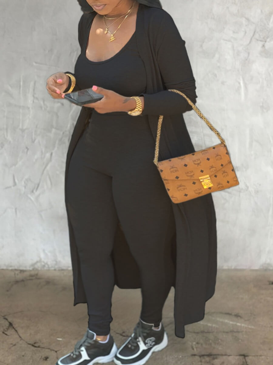 

Lovely Casual U Neck Basic Skinny Black Plus Size Two-piece Pants Set