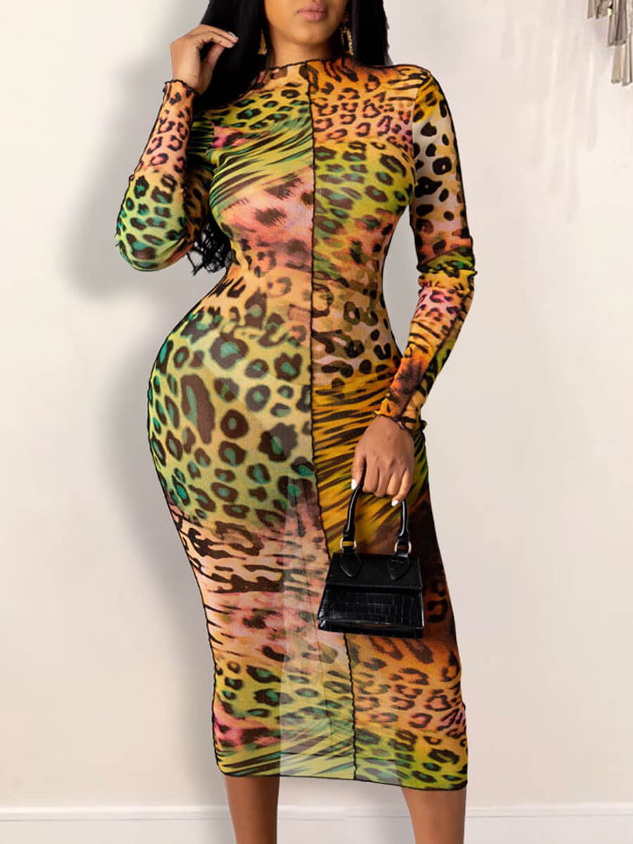 

Lovely Stylish Turtleneck Print Pink Knee Length Dress