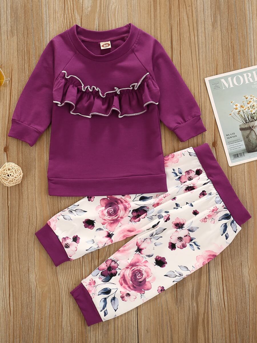 

Lovely Stylish O Neck Flounce Design Purple Girl Two-piece Pants Set