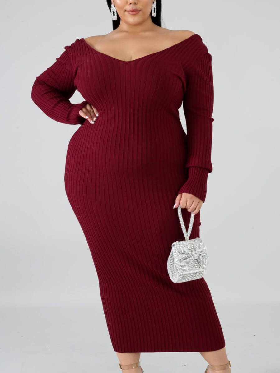 

Lovely Sexy Backless Skinny Wine Red Mid Calf Plus Size Dress