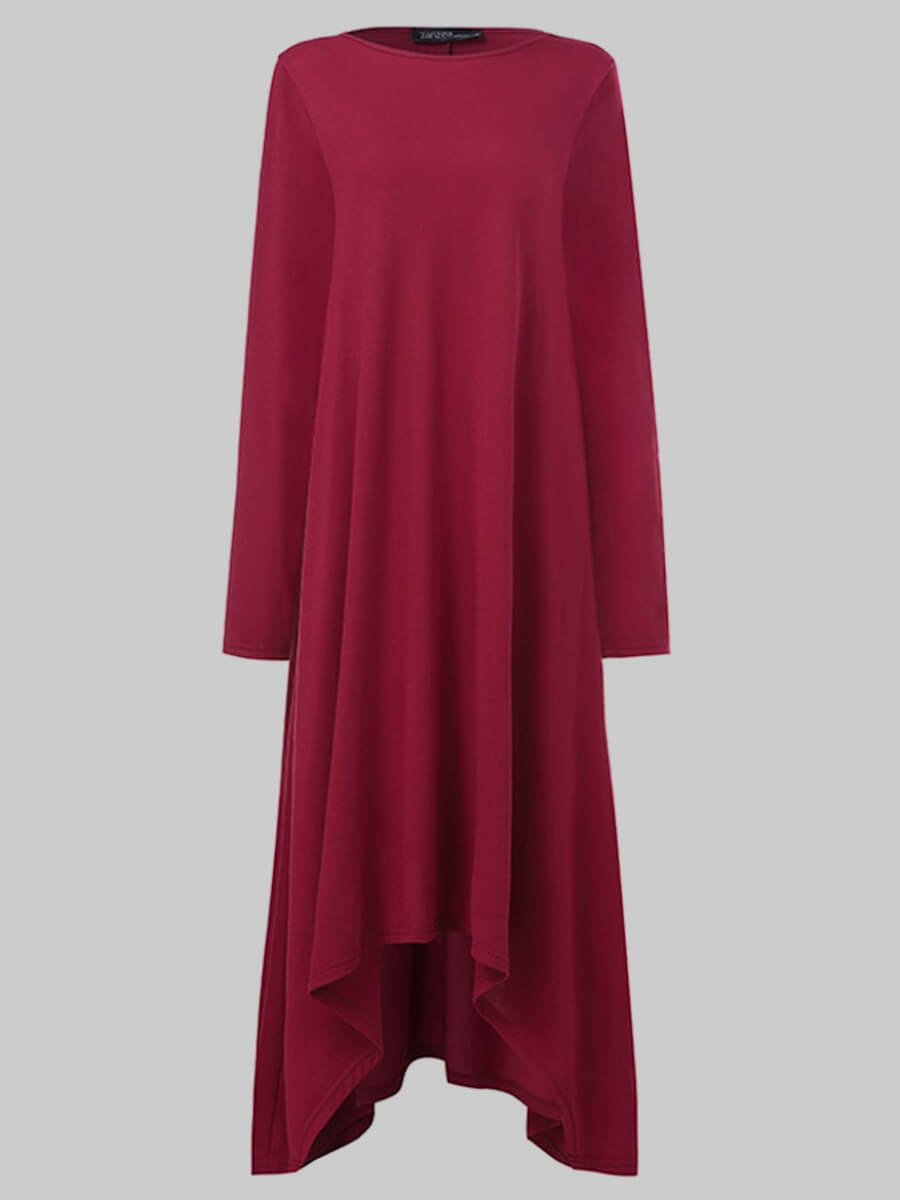 

Lovely Casual O Neck Asymmetrical Loose Wine Red Knee Length Plus Size Dress