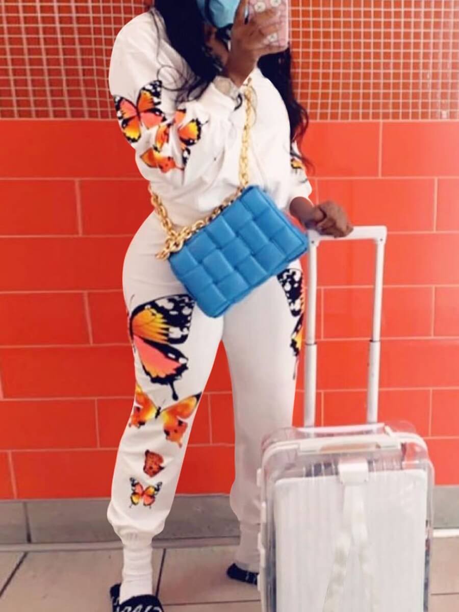 

Lovely Street O Neck Butterfly Print White Two Piece Pants Set