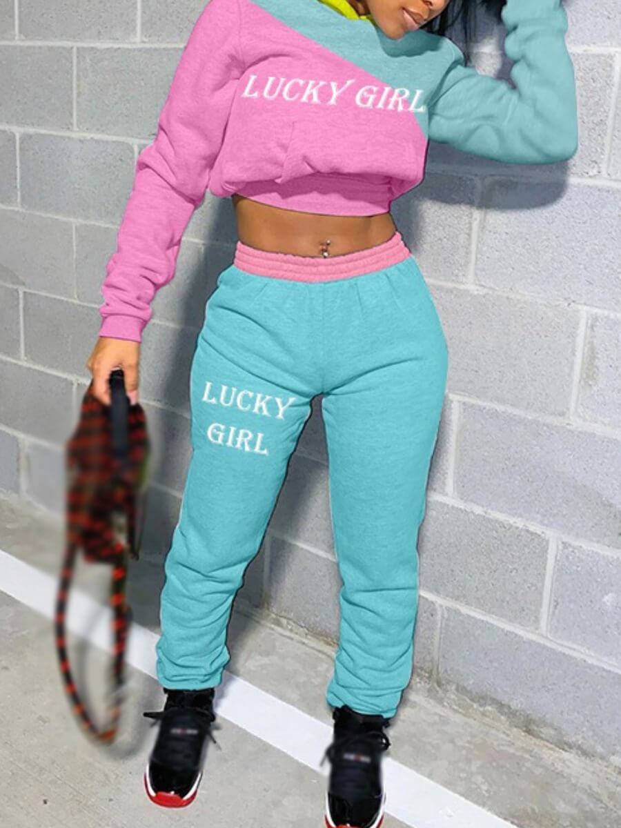 

Lovely Street Hooded Collar Letter Embroidered Patchwork Pink Two Piece Pants Set