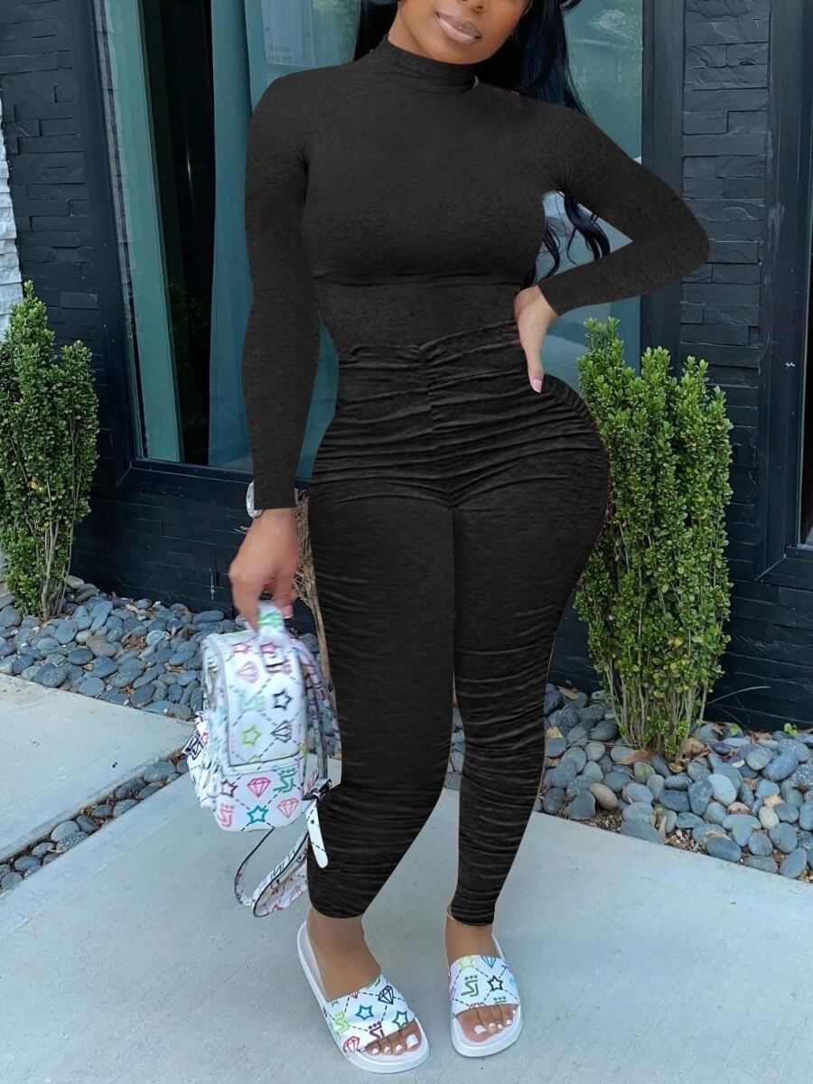 

Lovely Casual Half A Turtleneck Fold Design Black One-piece Jumpsuit