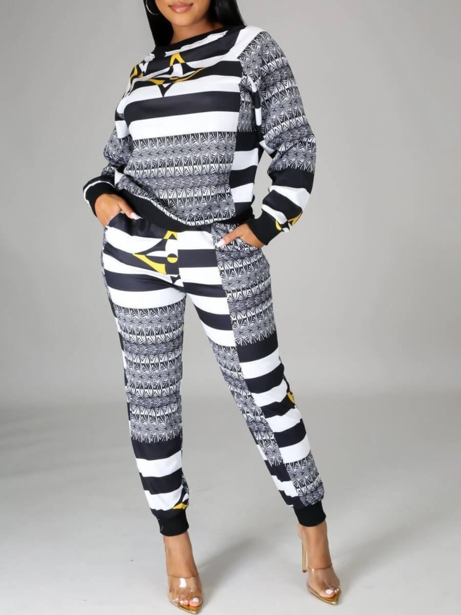 

LW Casual O Neck Striped Print Black Two Piece Pants Set