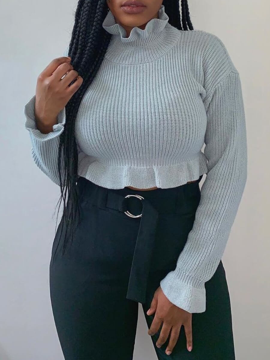 

Lovely Sweet Turtleneck Flounce Design Grey Sweater