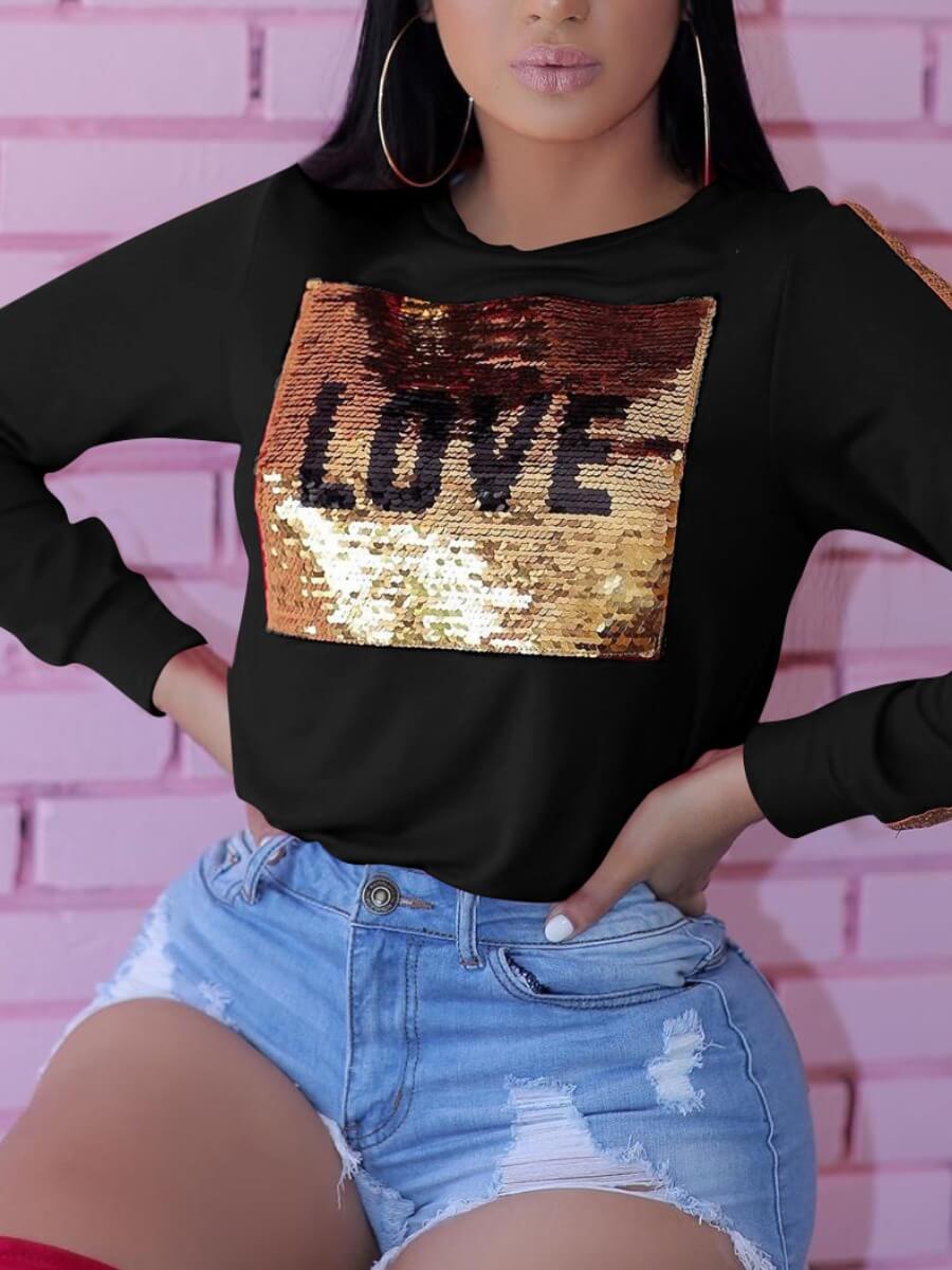 

Lovely Trendy O Neck Letter Sequined Black T-shirt