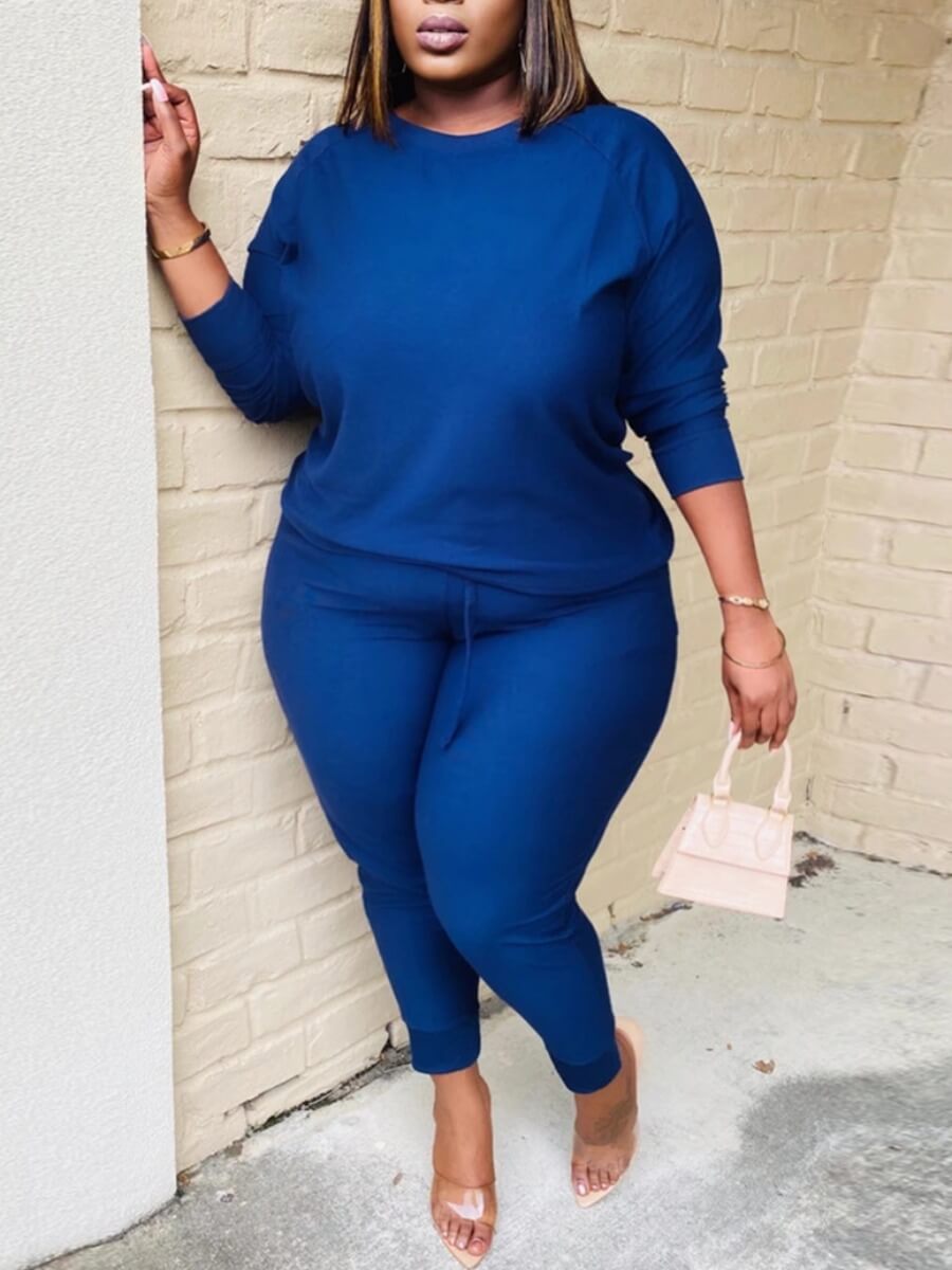 

Lovely Casual O Neck Basic Blue Plus Size Two-piece Pants Set