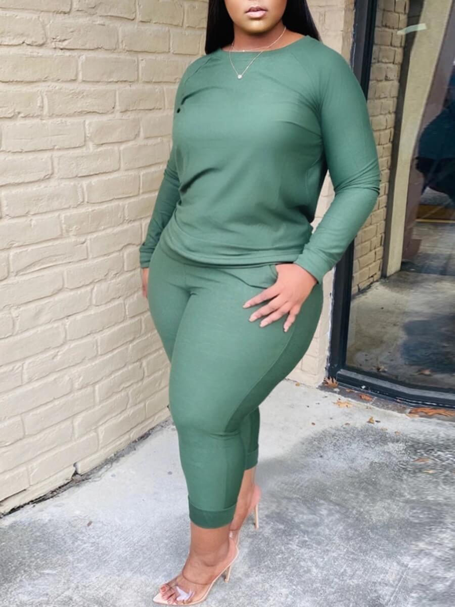 

Lovely Casual O Neck Basic Green Plus Size Two-piece Pants Set