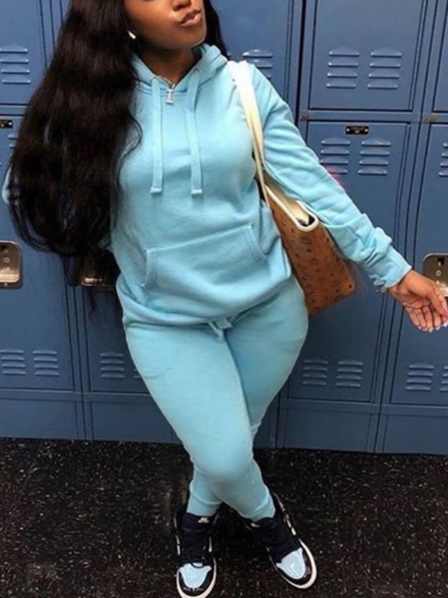

Lovely Trendy Hooded Collar Basic Blue Plus Size Two-piece Pants Set
