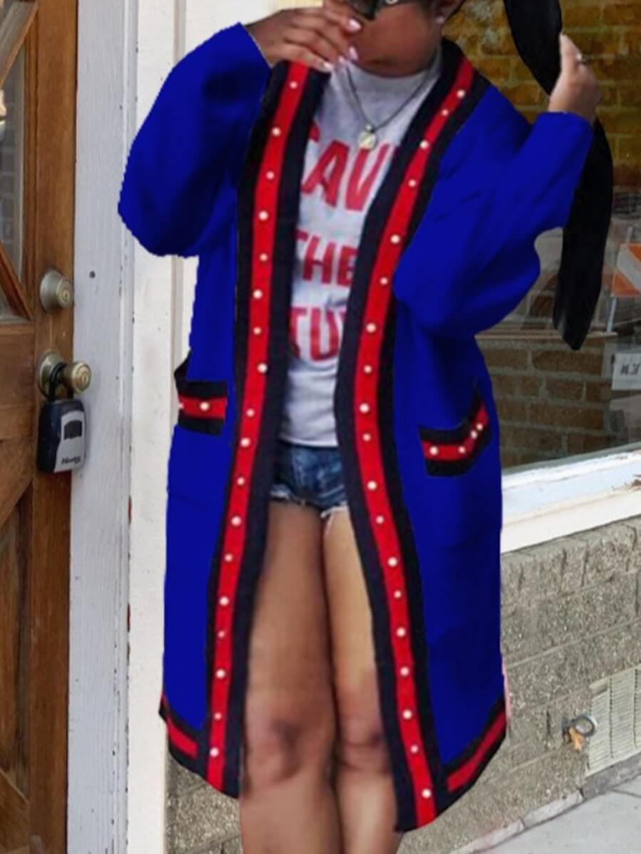 

Lovely Casual Pearl Decorative Patchwork Blue Cardigan