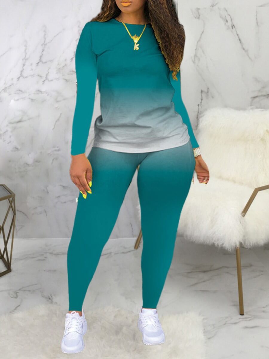

LW Plus Size Casual O Neck Gradient Print Green Two-piece Pants Set