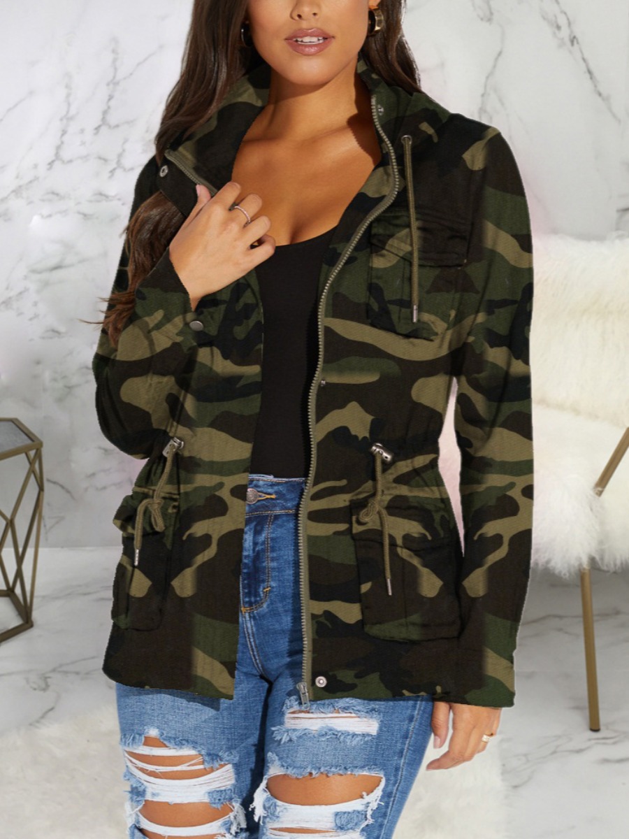 

Lovely Casual Hooded Collar Camo Print Drawstring Coat