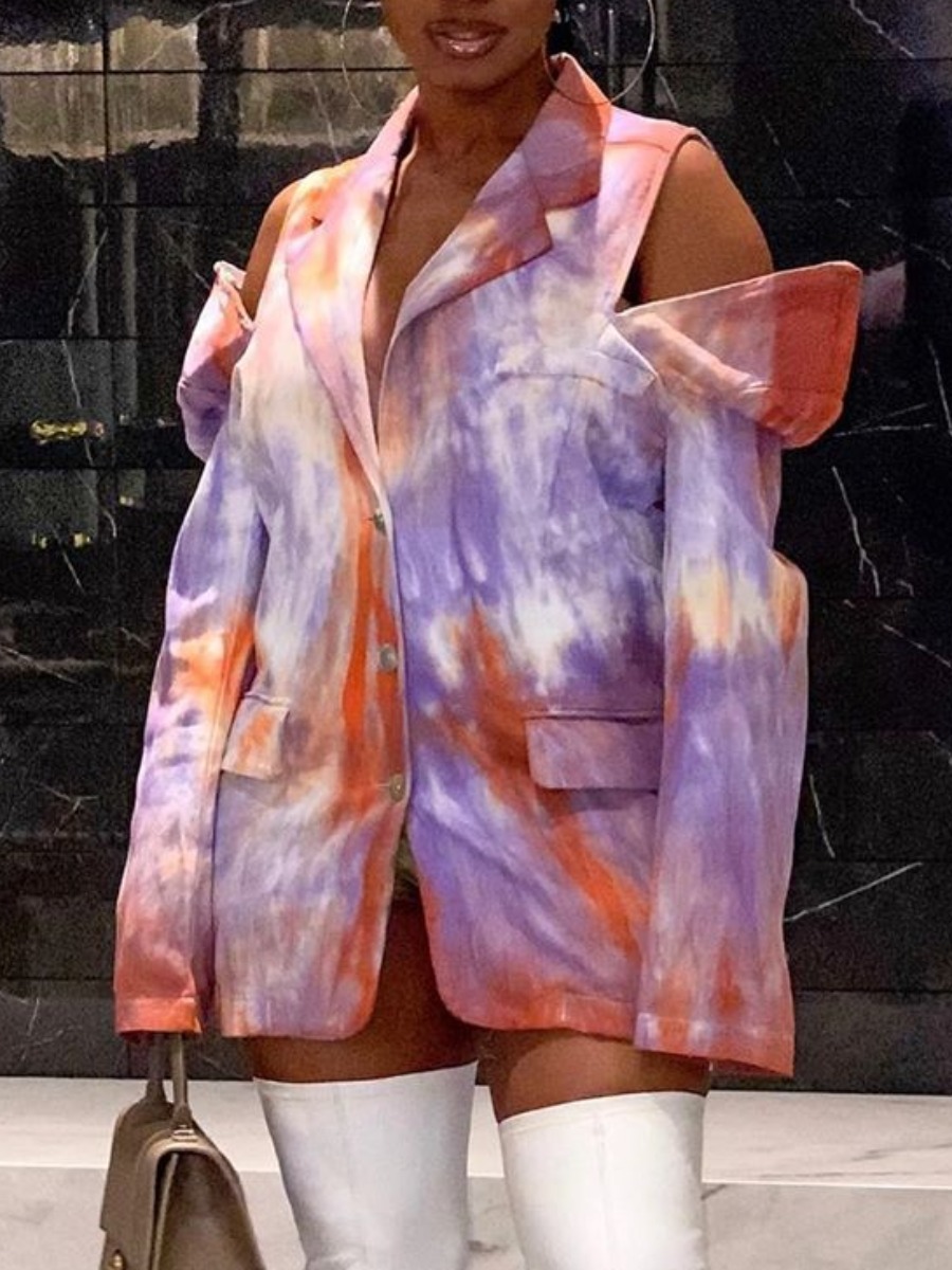 

Lovely Trendy Turn-back Collar Tie-dye Hollow-out Multicolor Blazer, Multi
