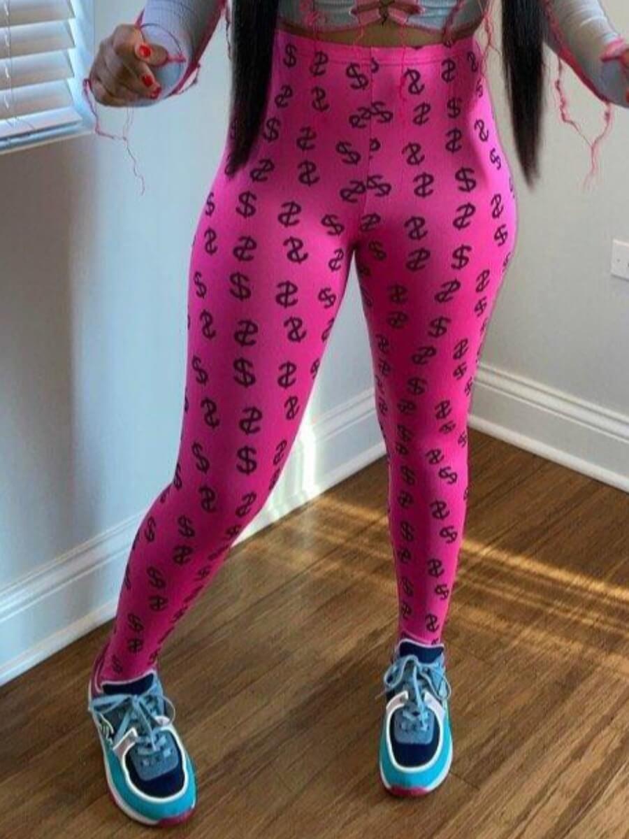 

Lovely Sportswear Print Skinny Rose Red Pants