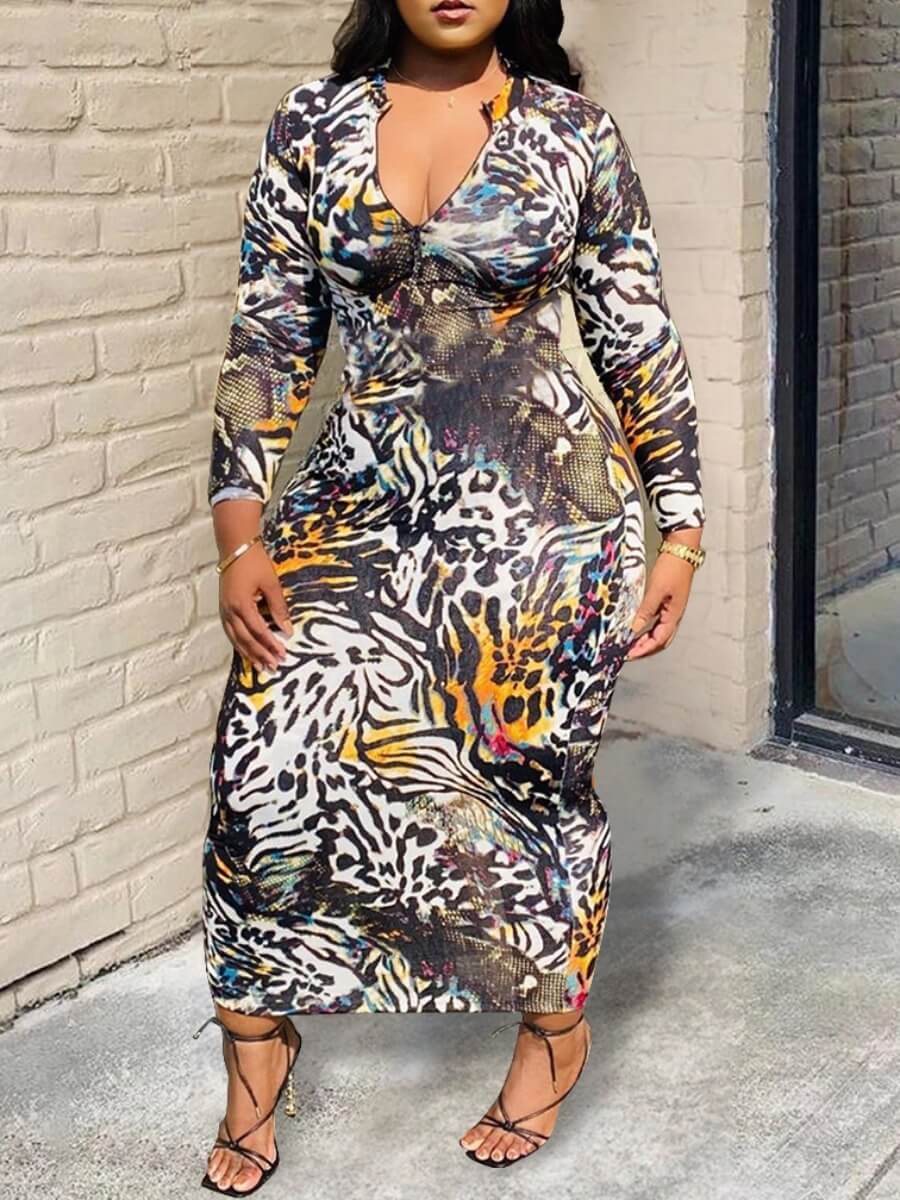 

Lovely Sexy Deep V Neck Leopard Print Ankle Length Dress