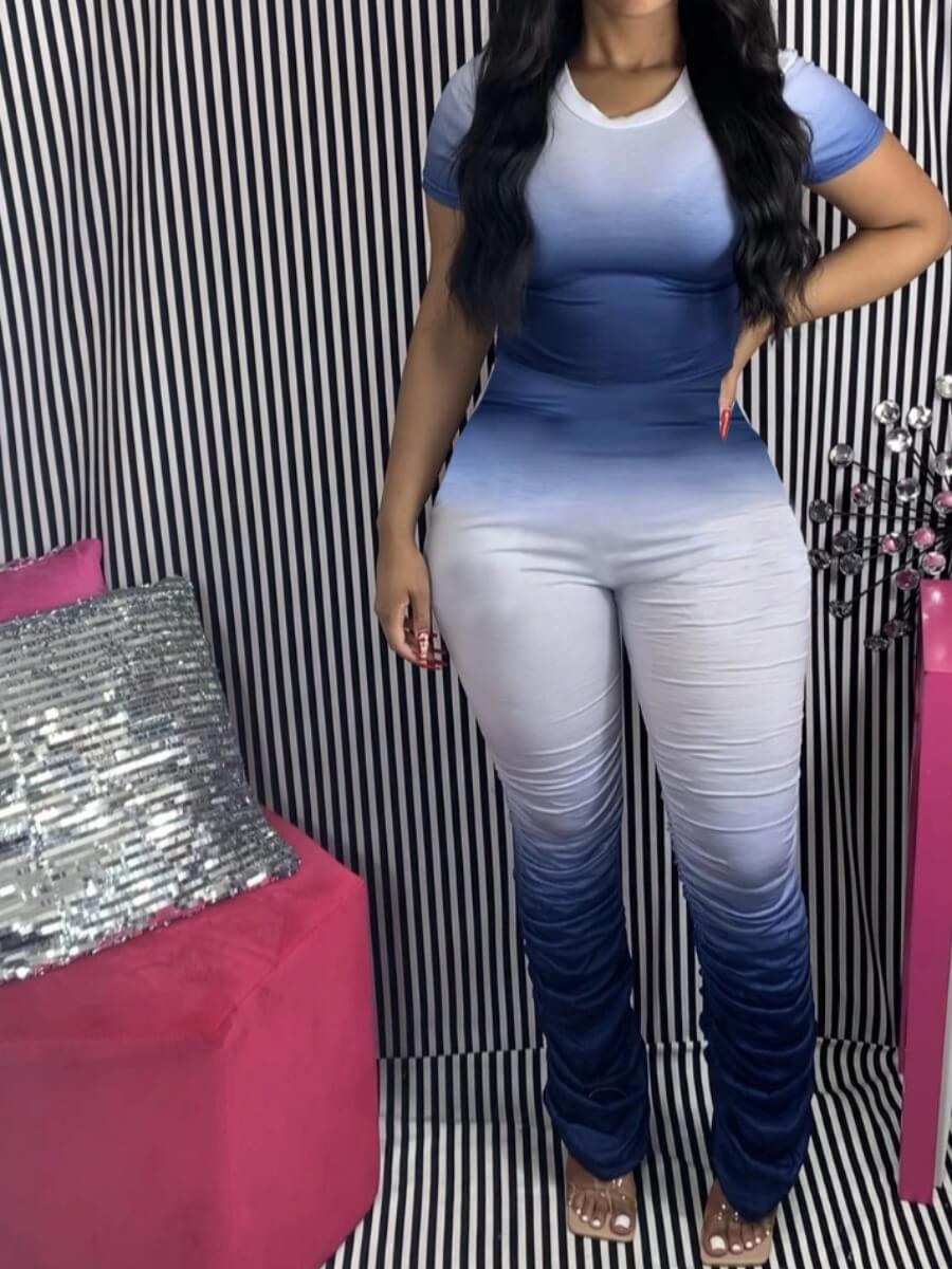 

Lovely Trendy O Neck Gradient Fold Design Skinny Blue One-piece Jumpsuit