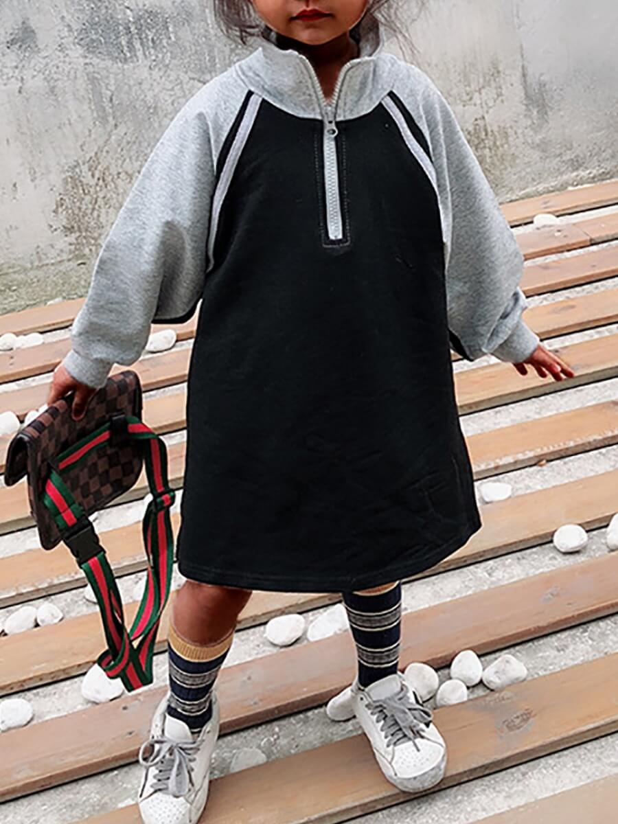 

Lovely Casual Mandarin Collar Patchwork Loose Black Girl Knee Length Dress