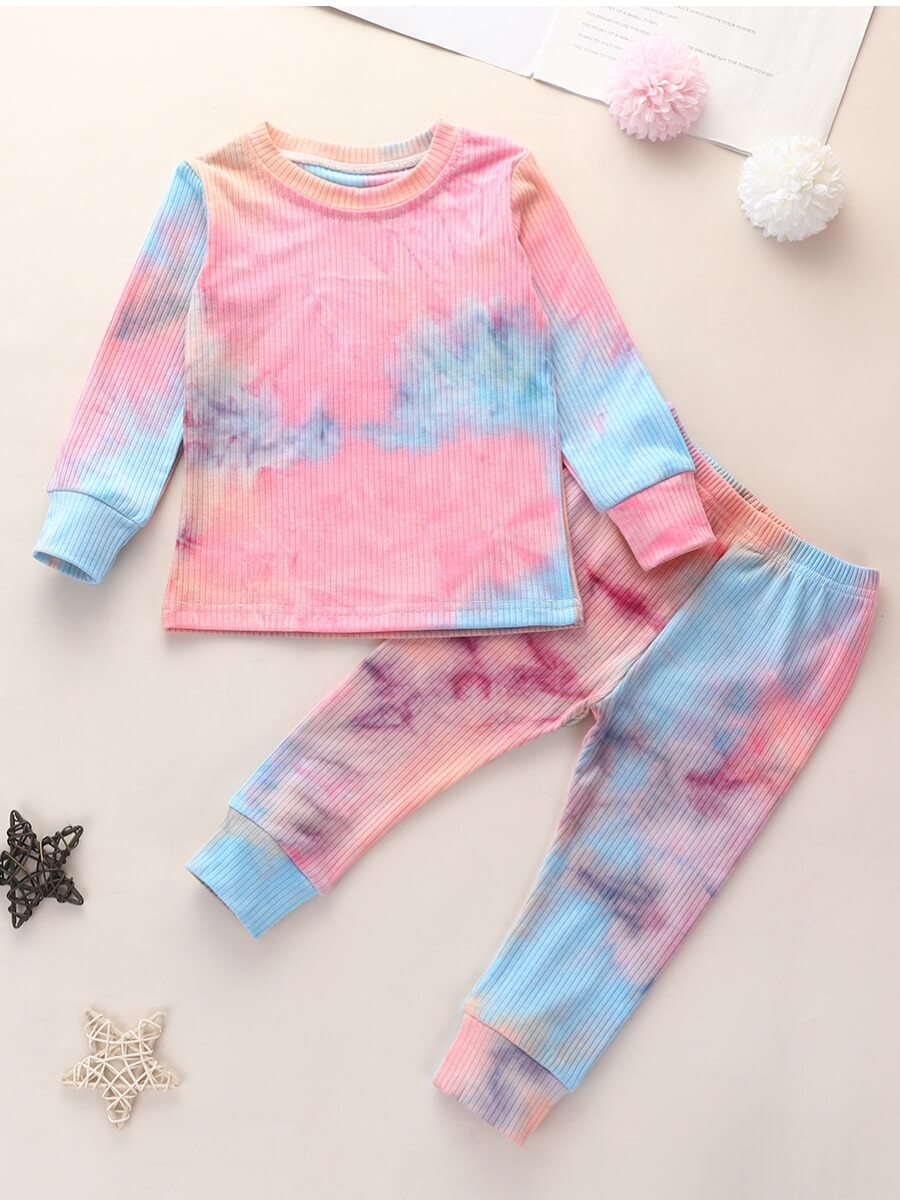 

Lovely Trendy O Neck Tie-dye Pink Girl Two-piece Pants Set