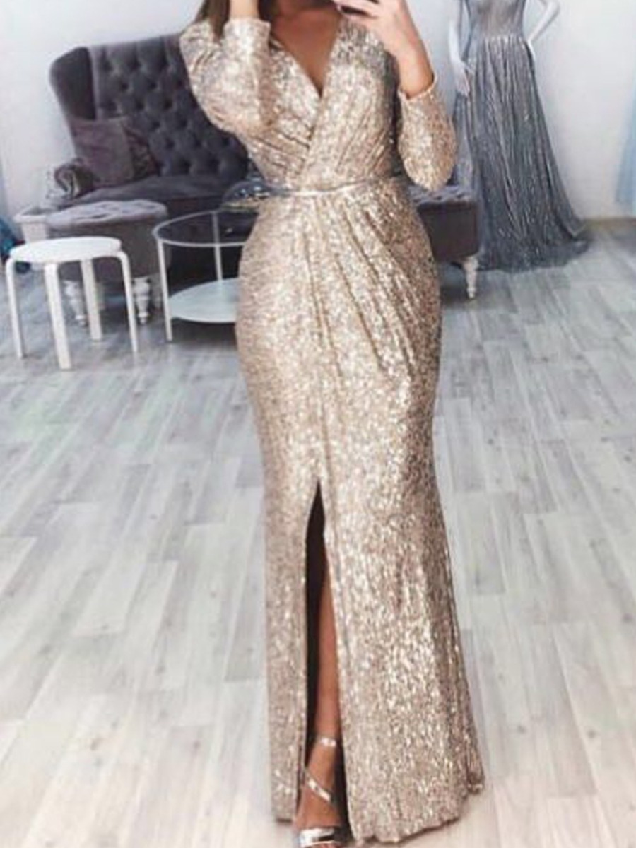 

Lovely Stylish Deep V Neck Side Slit Gold Maxi Dress