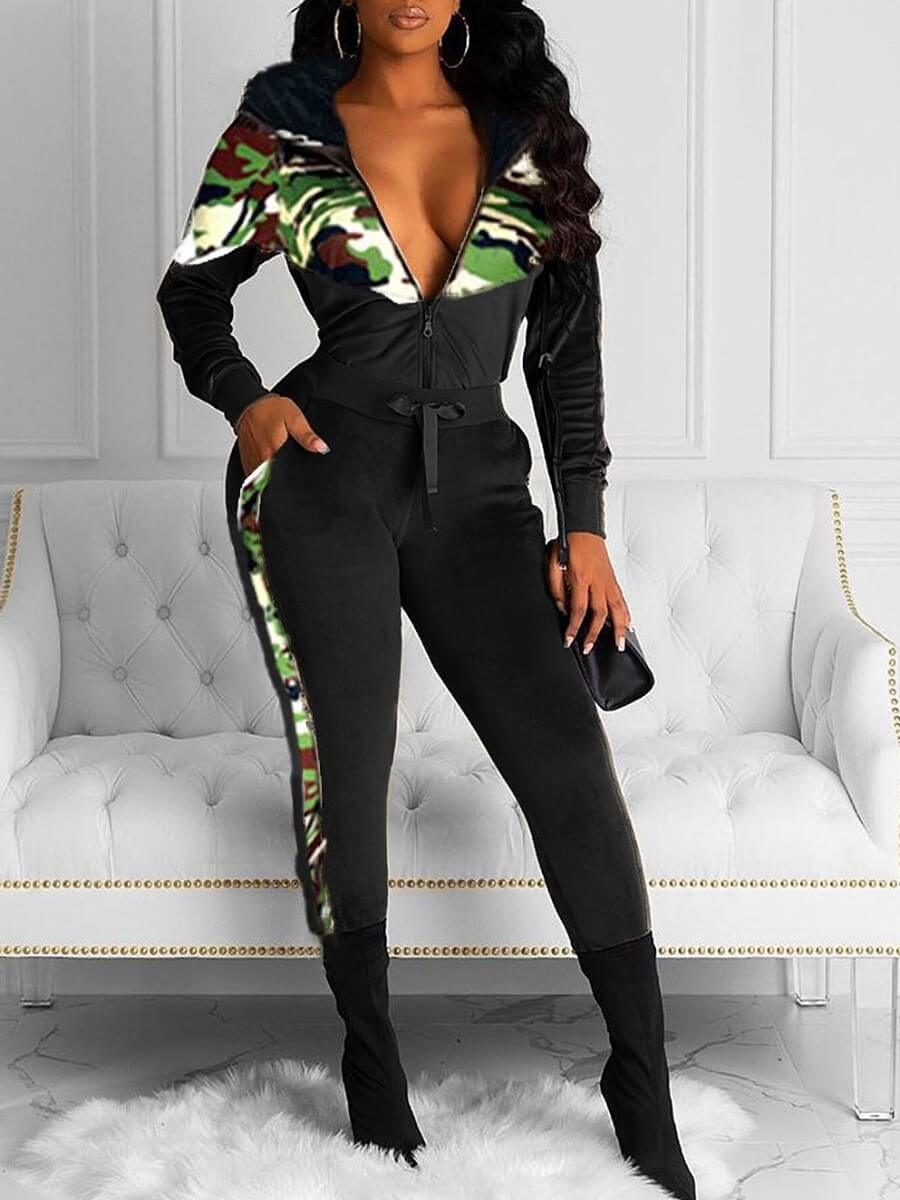 

Lovely Sportswear Hooded Collar Camo Print Patchwork Black Two Piece Pants Set