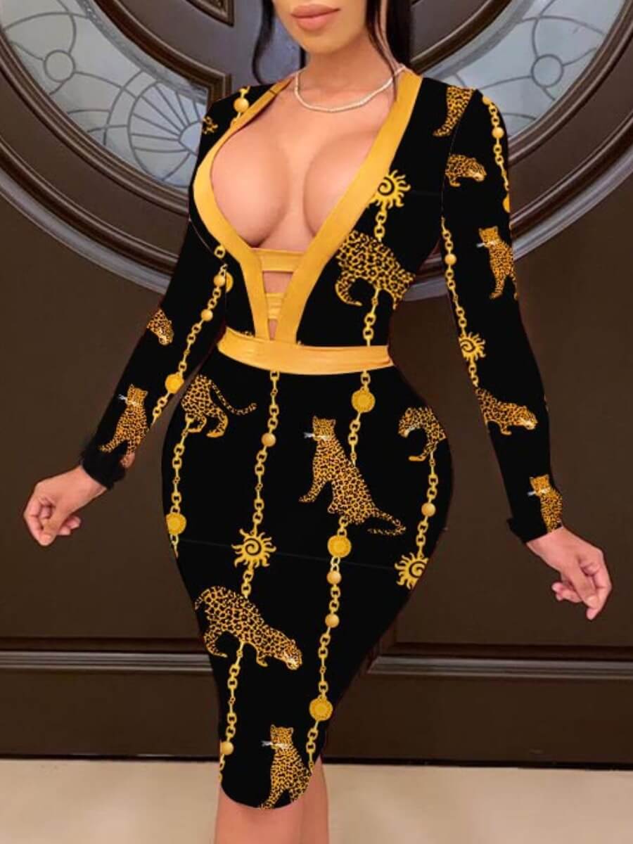 

Lovely Sexy Deep V Neck Print Black Knee Length Dress