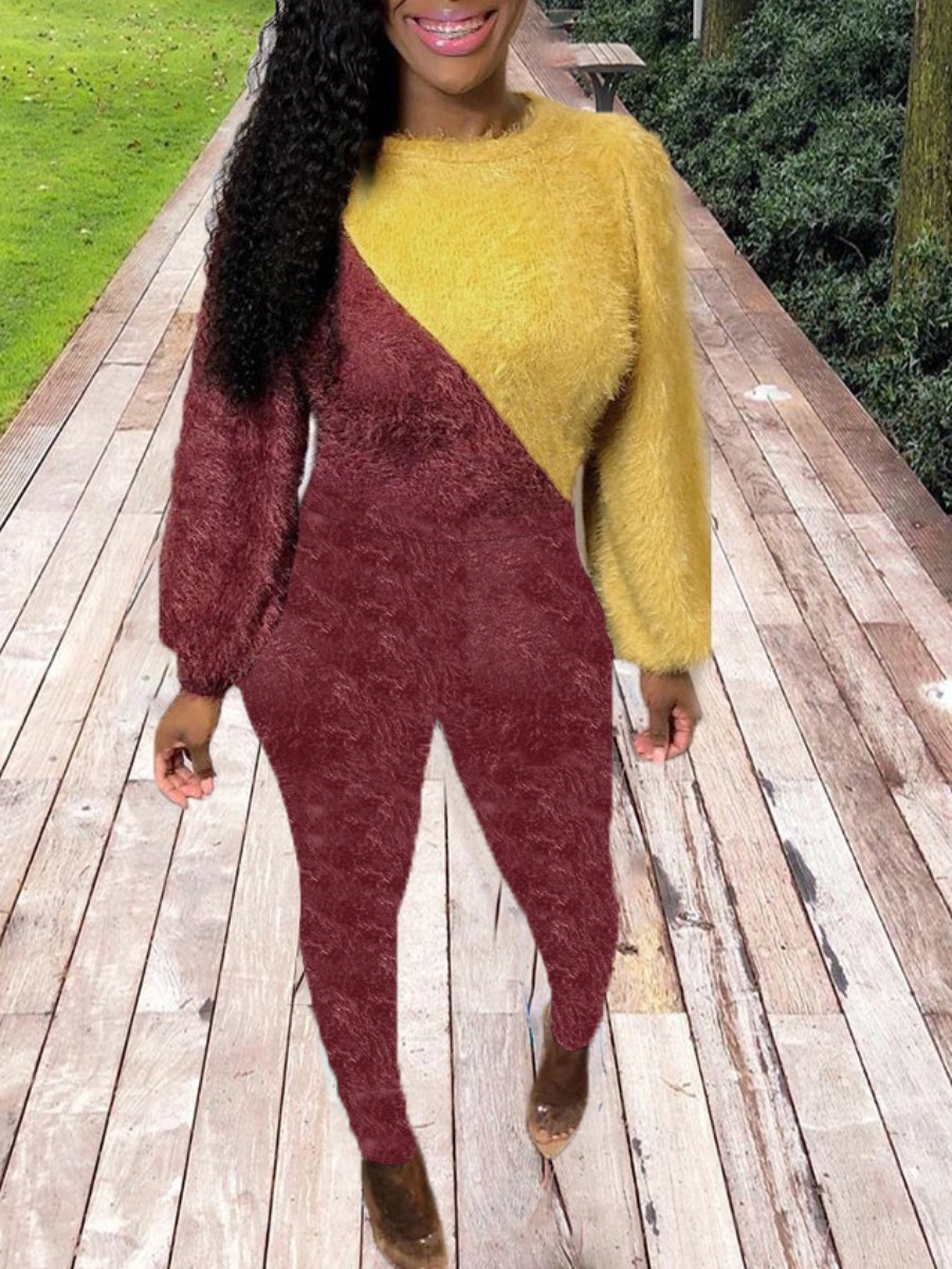 

Lovely Stylish O Neck Patchwork Wine Red Two Piece Pants Set