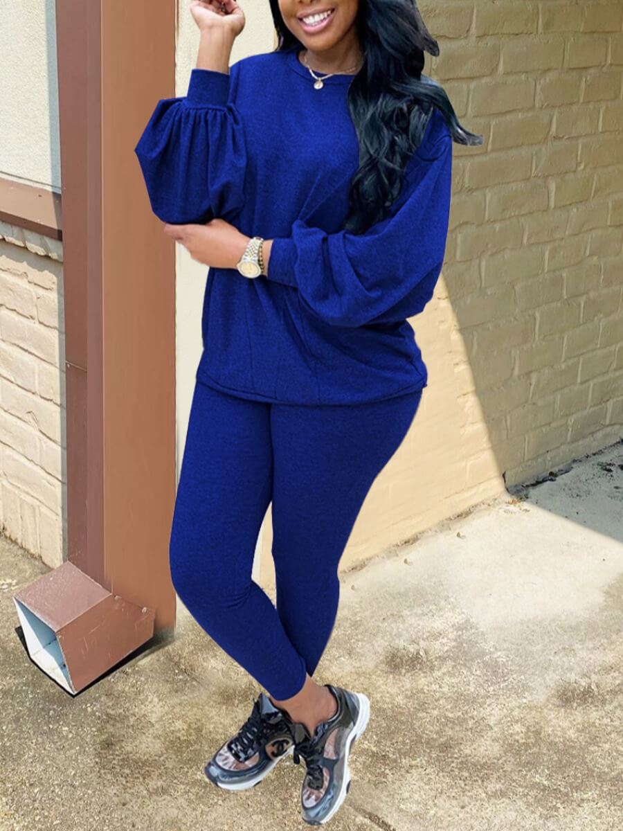 

Lovely Casual O Neck Puffed Sleeves Blue Two Piece Pants Set