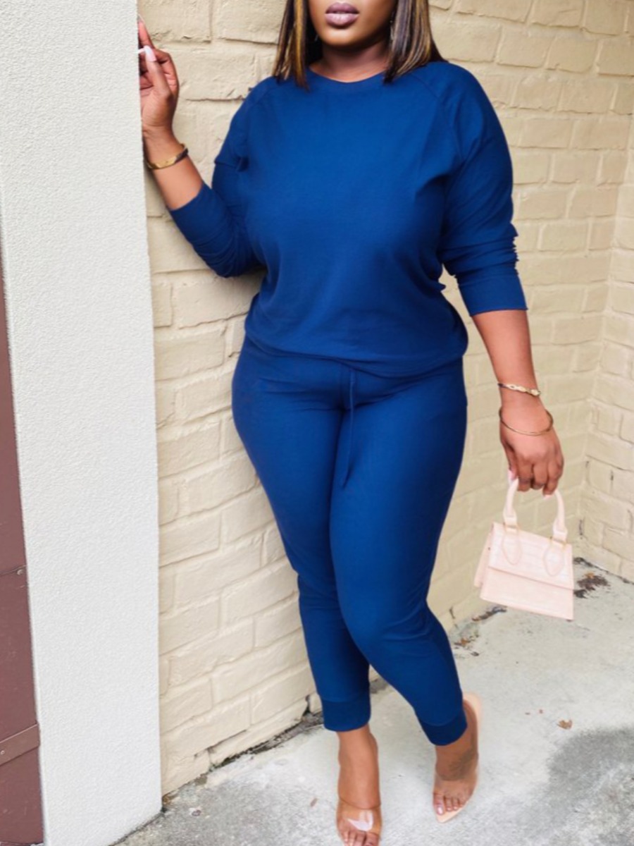 

Lovely Leisure O Neck Basic Loose Blue Two Piece Pants Set
