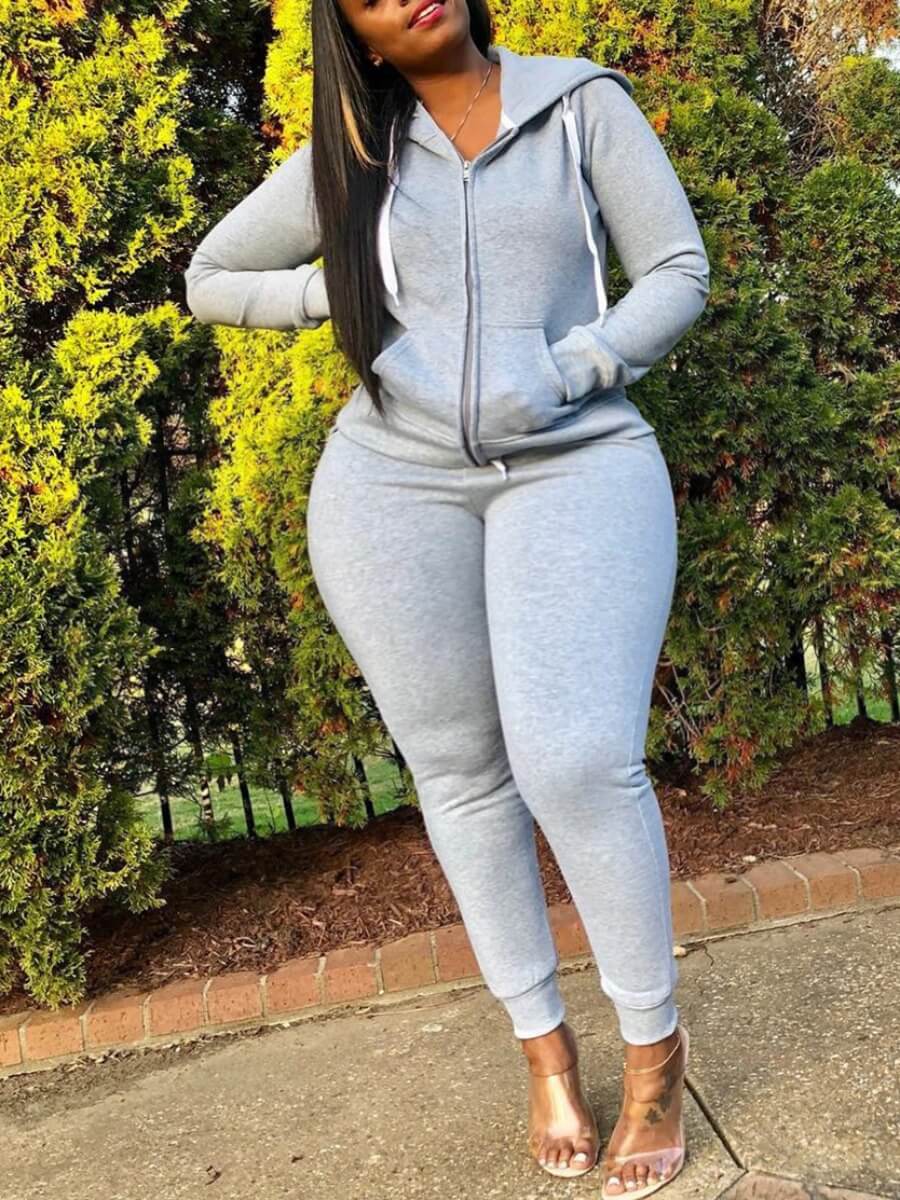 

Lovely Sportswear Hooded Collar Zipper Design Grey Plus Size Two-piece Pants Set