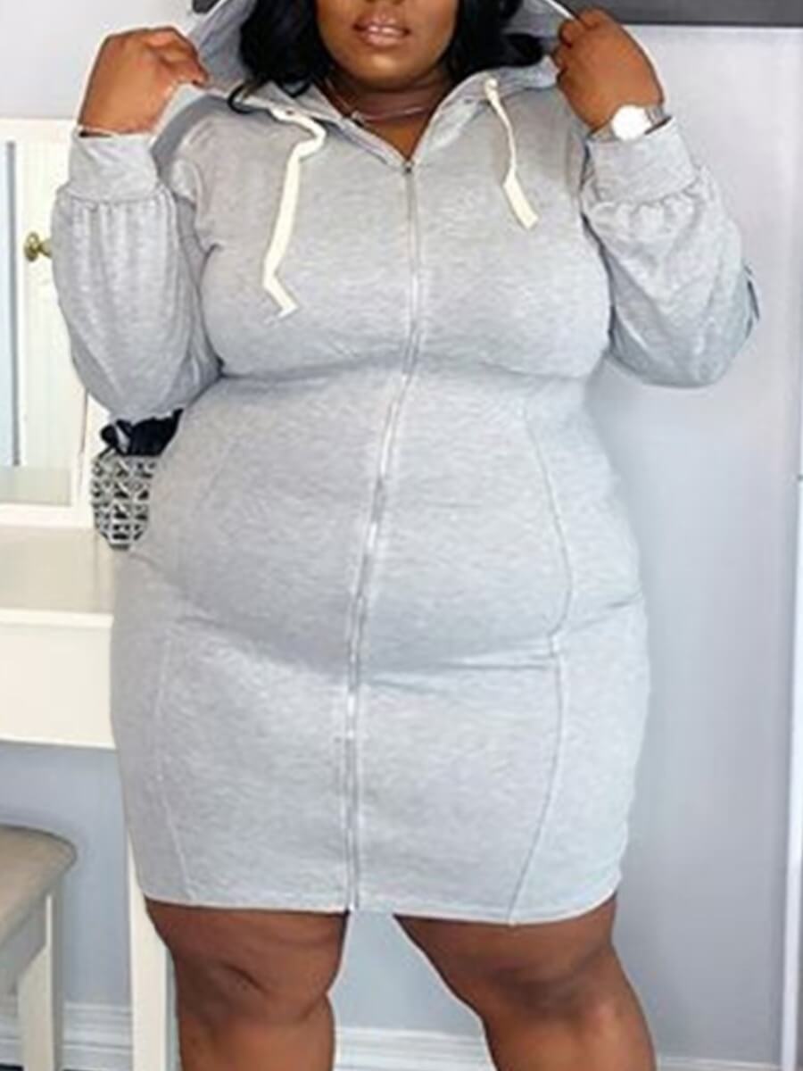 

Lovely Sportswear Hooded Collar Zipper Design Grey Knee Length Plus Size Dress