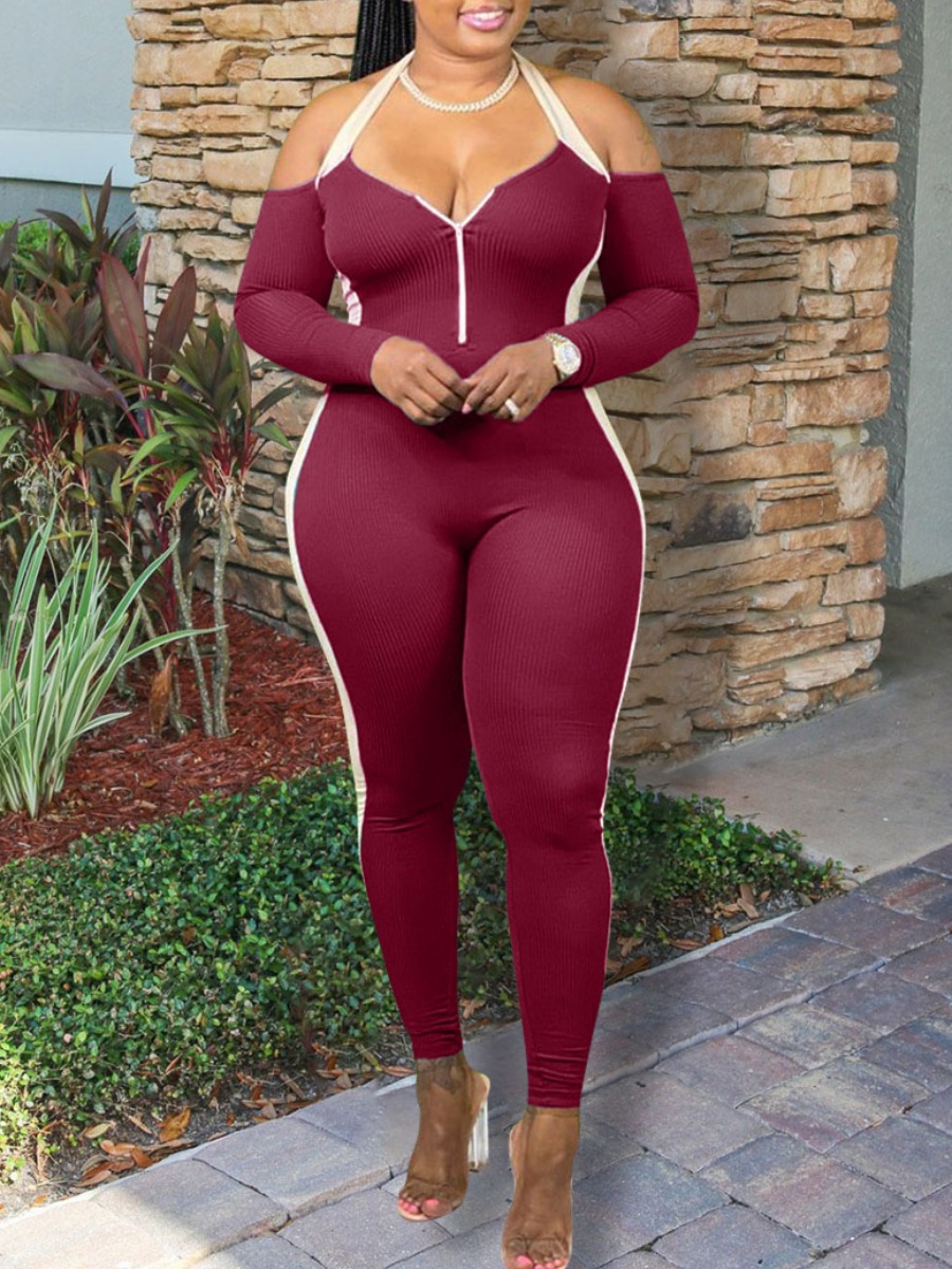 

LW Striped Bodycon Cami Jumpsuit, Wine red