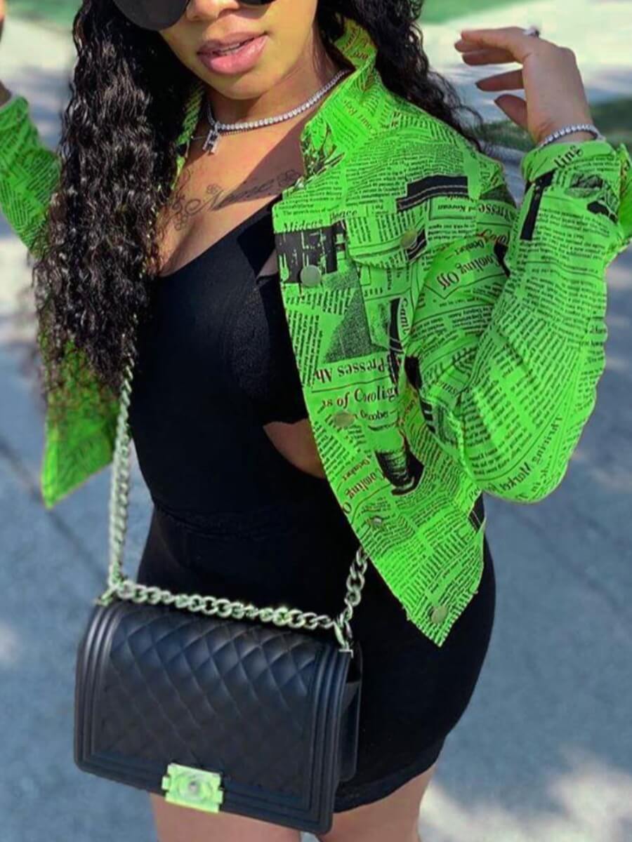 

Lovely Stylish Turndown Collar Letter Print Green Coat
