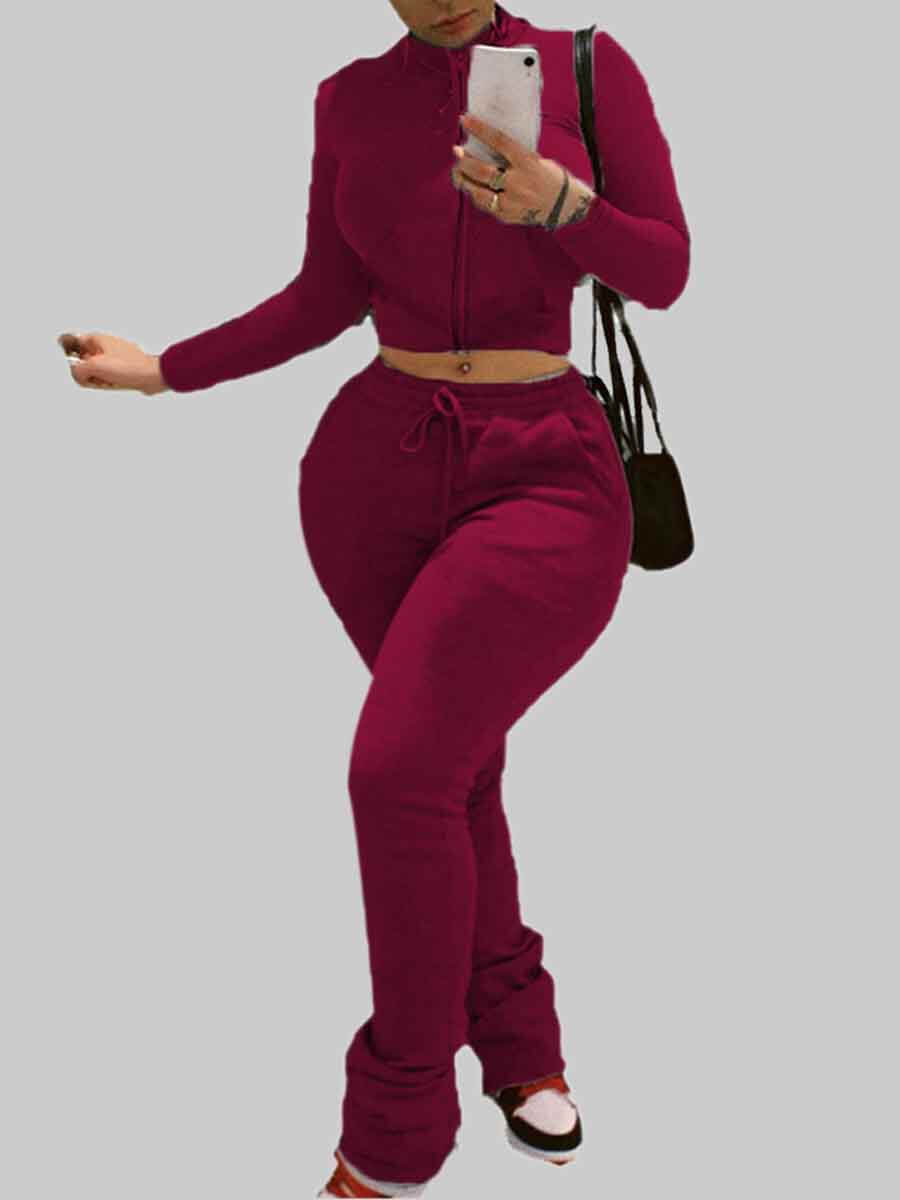 

Lovely Casual Zipper Design Skinny Wine Red Plus Size Two-piece Pants Set