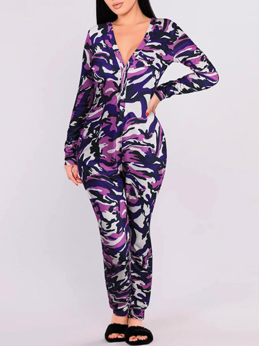 

Lovely Casual Deep V Neck Print Skinny Purpe Sleepwear, Purple
