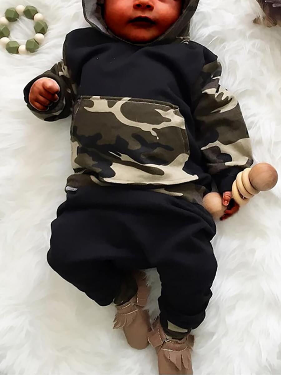 

Lovely Boy Street O Neck Camo Print Patchwork Black Two-piece Pants Set