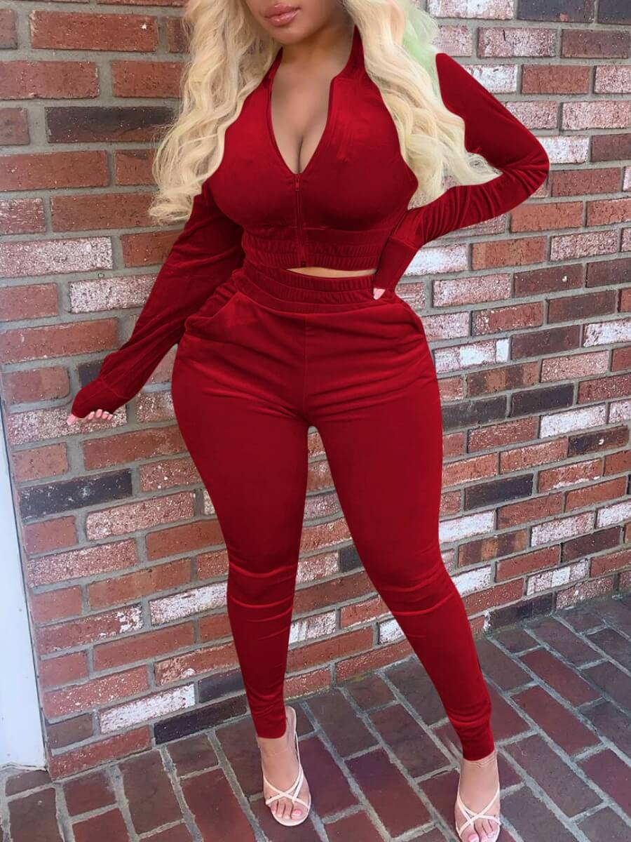 

Lovely Trendy Zipper Design Skinny Red Two Piece Pants Set