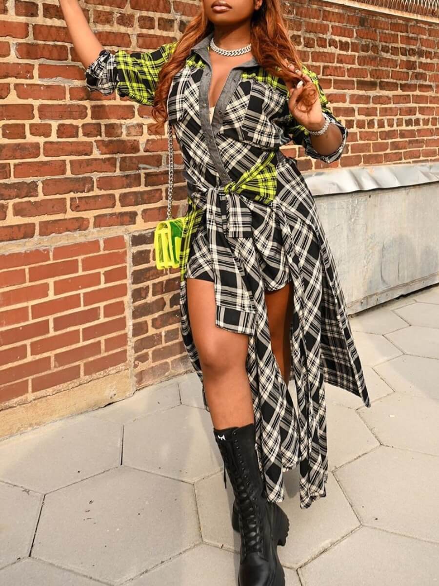 

Lovely Trendy Turndown Collar Grid Print Asymmetrical Black Ankle Length Dress