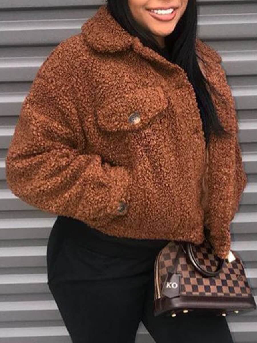 

Lovely Casual Turndown Collar Pocket Patched Brown Faux Fur
