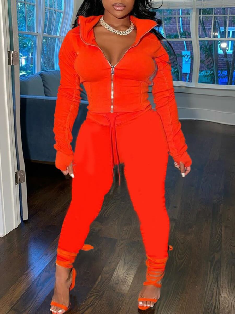 

Lovely Sportswear Turndown Collar Zipper Design Red Two Piece Pants Set