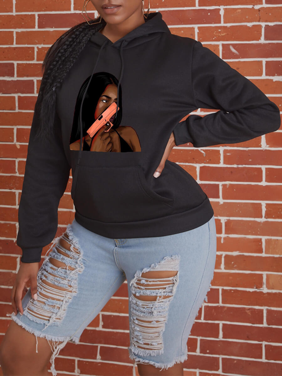

Lovely Casual Hooded Collar Print Black Hoodie