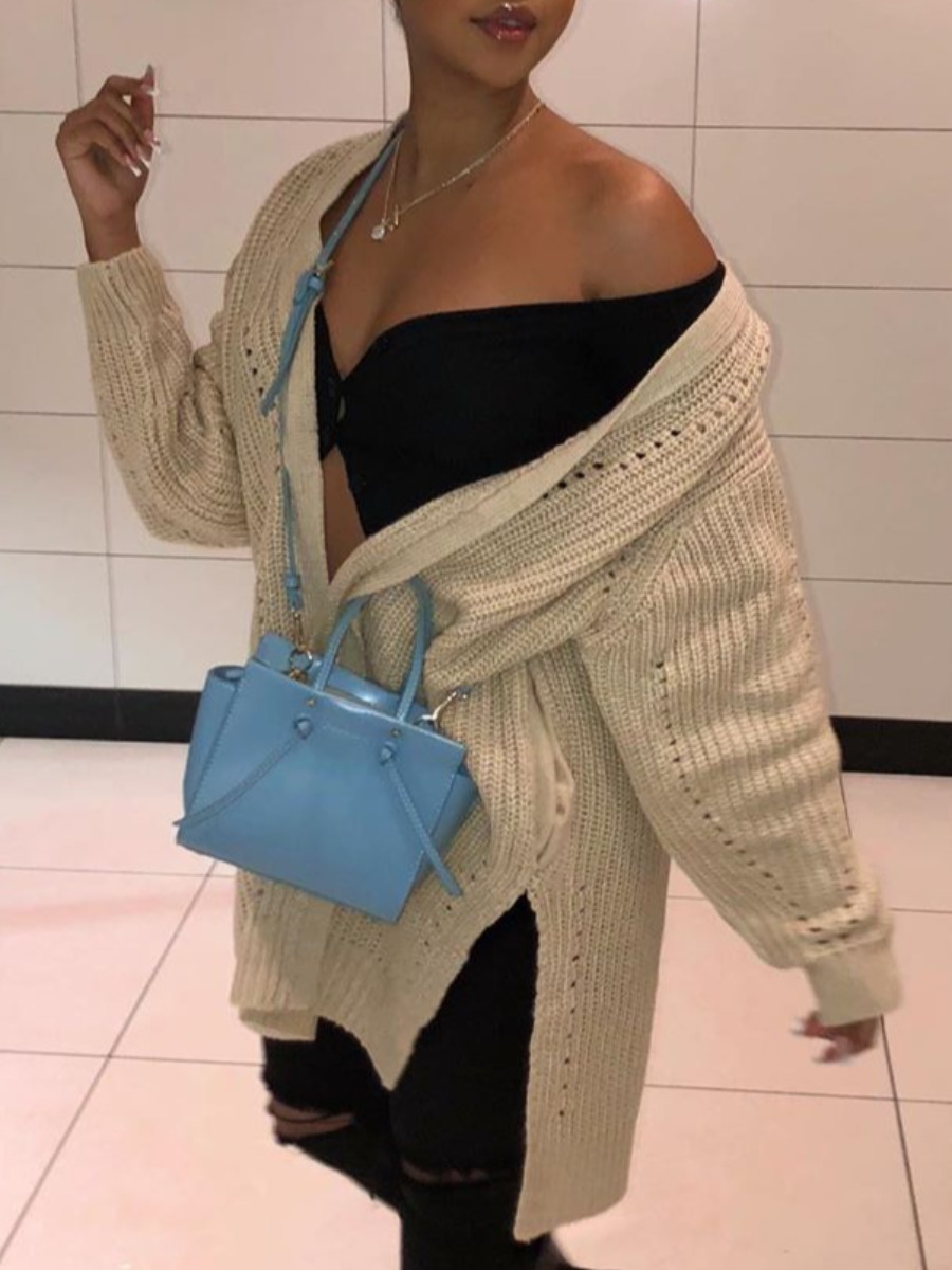 

Lovely Trendy Loose Asymmetrical Beige Cardigan