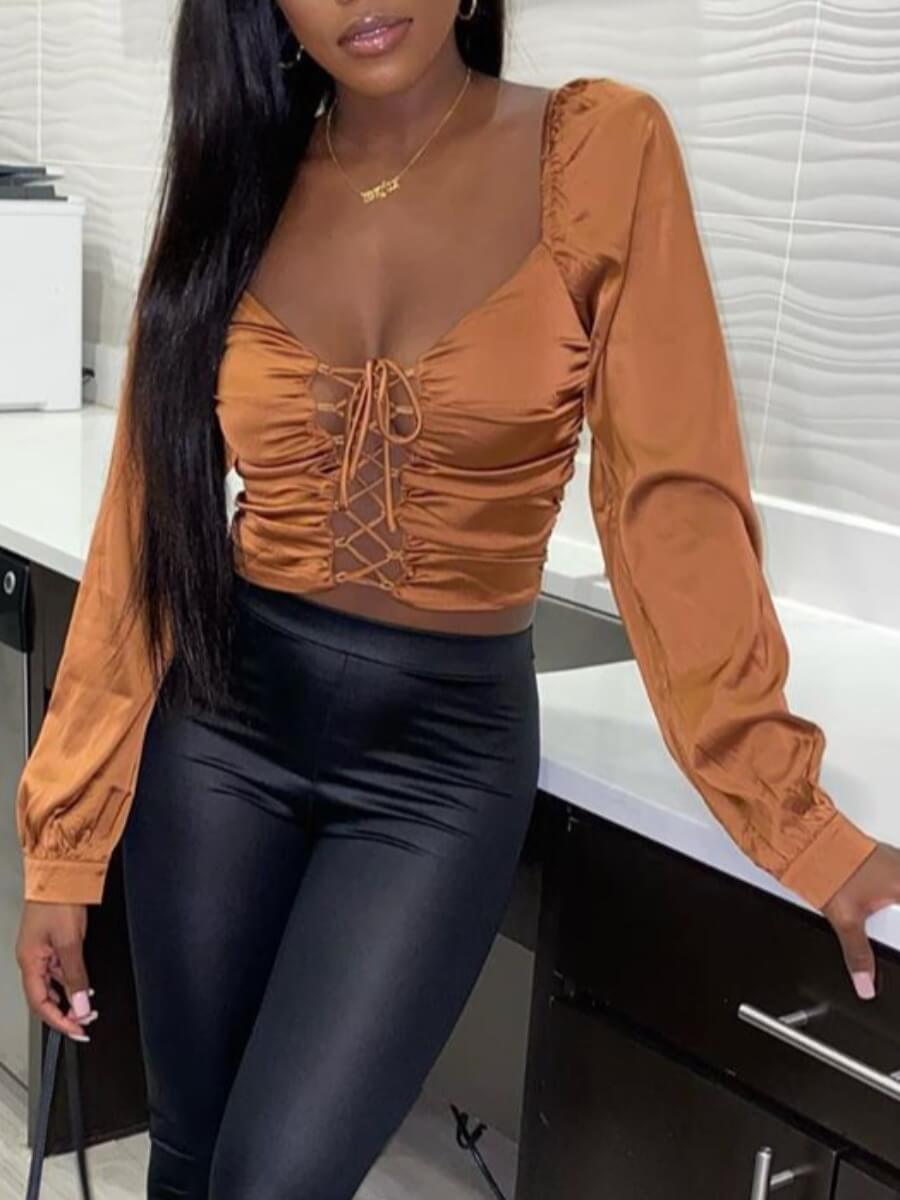 

Lovely Stylish Square Collar Bandage Design Brown Blouse