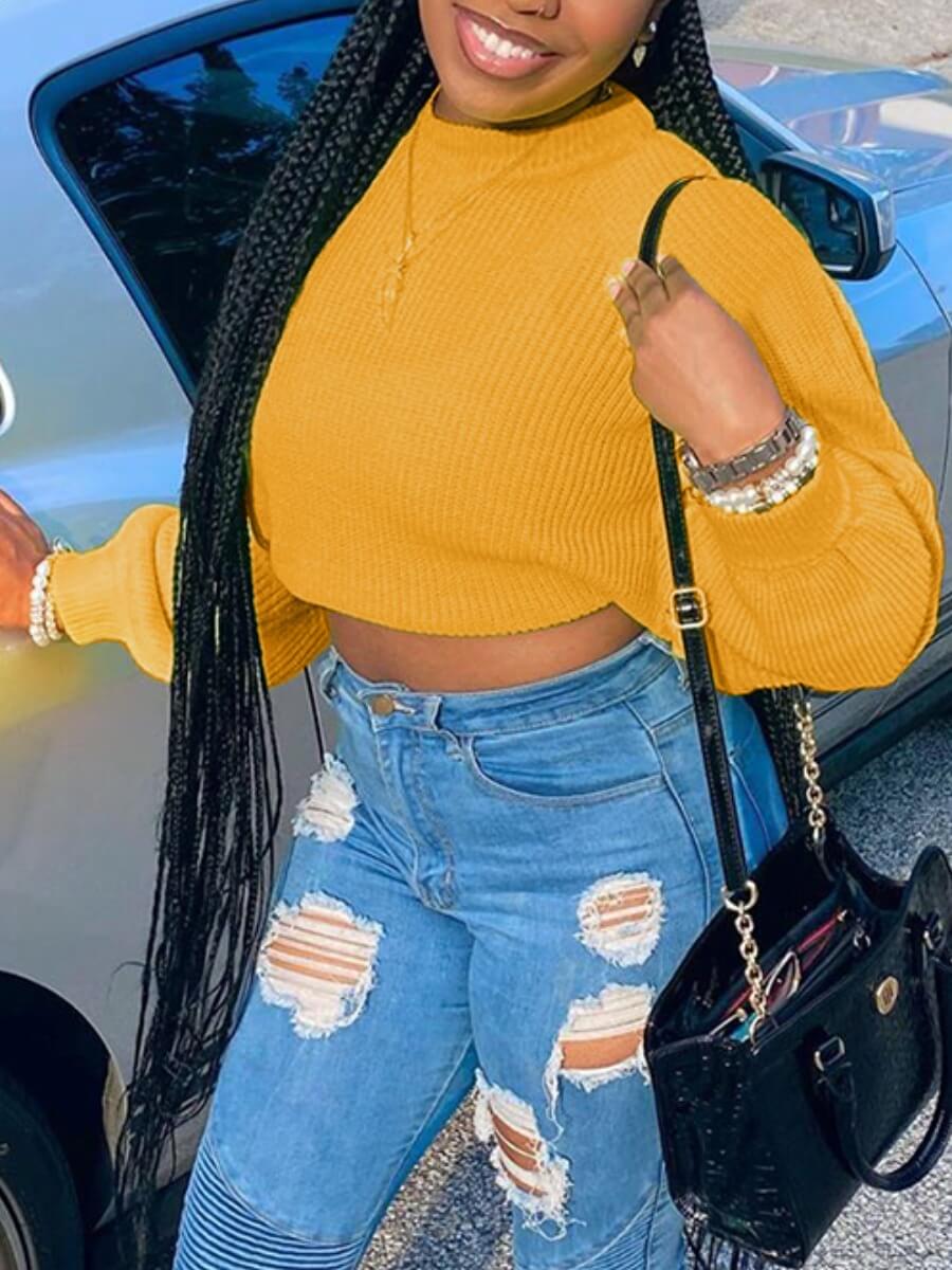 

Lovely Casual O Neck Loose Yellow Sweater